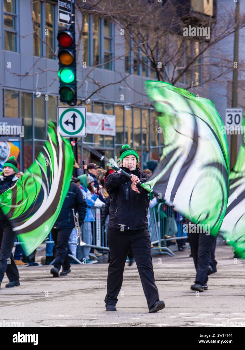 Montreal, Canada March 17 2024： People celebrating the Saint Patrick`s Day Parade in Montreal